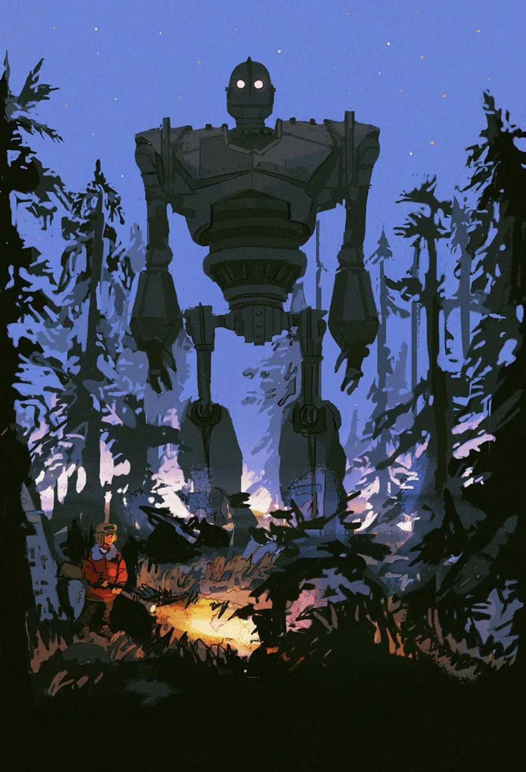 A giant robot stands among tall pine trees at dusk, illuminated by a campfire in the foreground where a person sits, creating a dramatic and mysterious forest scene.