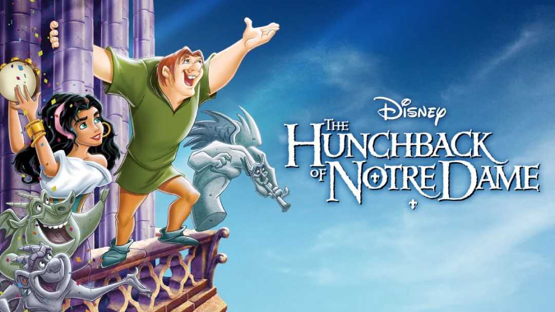 Disney’s The Hunchback of Notre Dame cover shows Esmeralda and Quasimodo standing on a cathedral balcony with gargoyles, smiling at the sky. The movie title appears on the right.