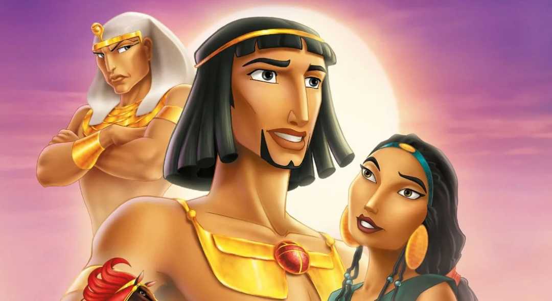 Three animated characters in Egyptian attire stand in front of a glowing sun; two smiling figures are in the foreground, while a stern-looking figure with crossed arms stands behind them.