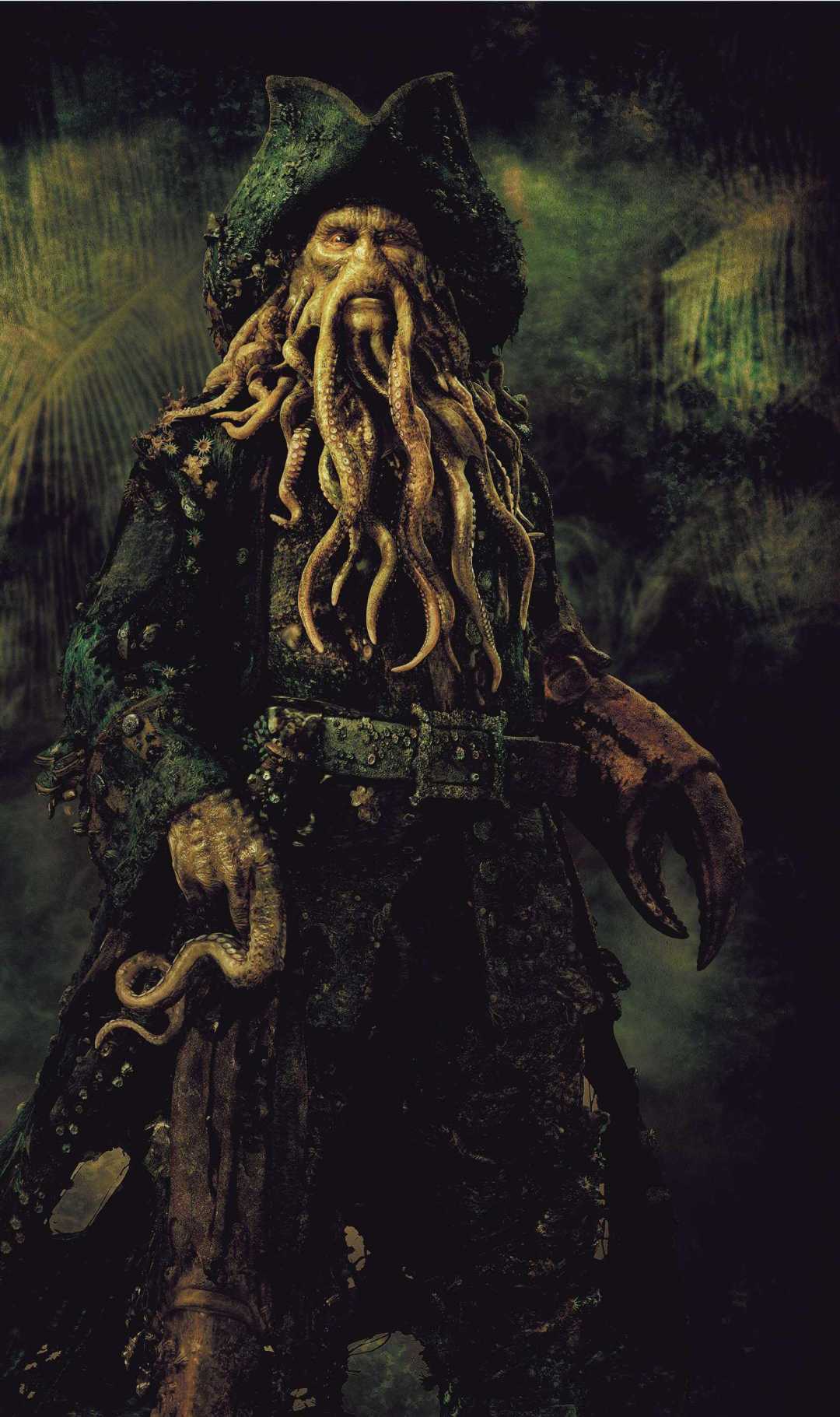A menacing pirate with a face made of octopus tentacles, wearing a weathered hat and coat, with a claw for one hand, stands against a dark, eerie background.