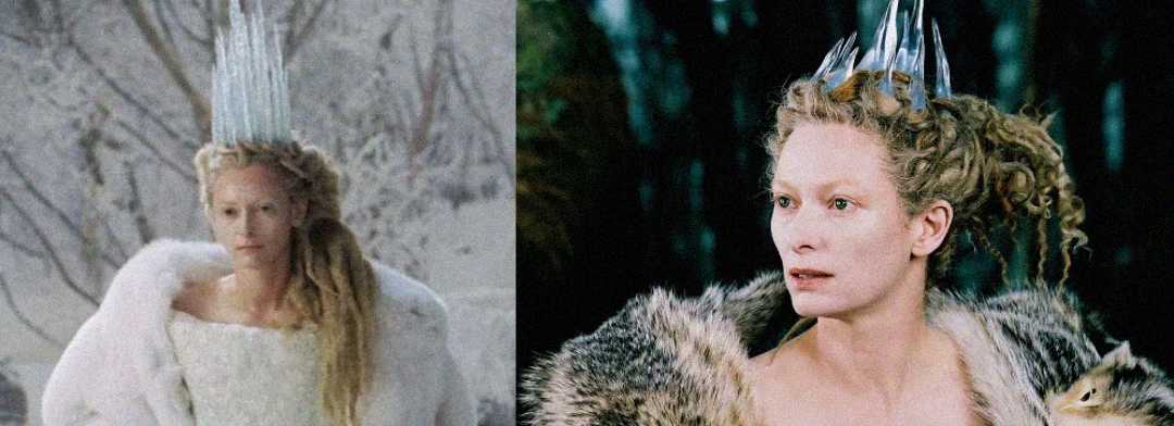 A woman with pale skin and blonde curly hair wears a crown of ice and a white fur coat, standing in a wintery, snowy forest.