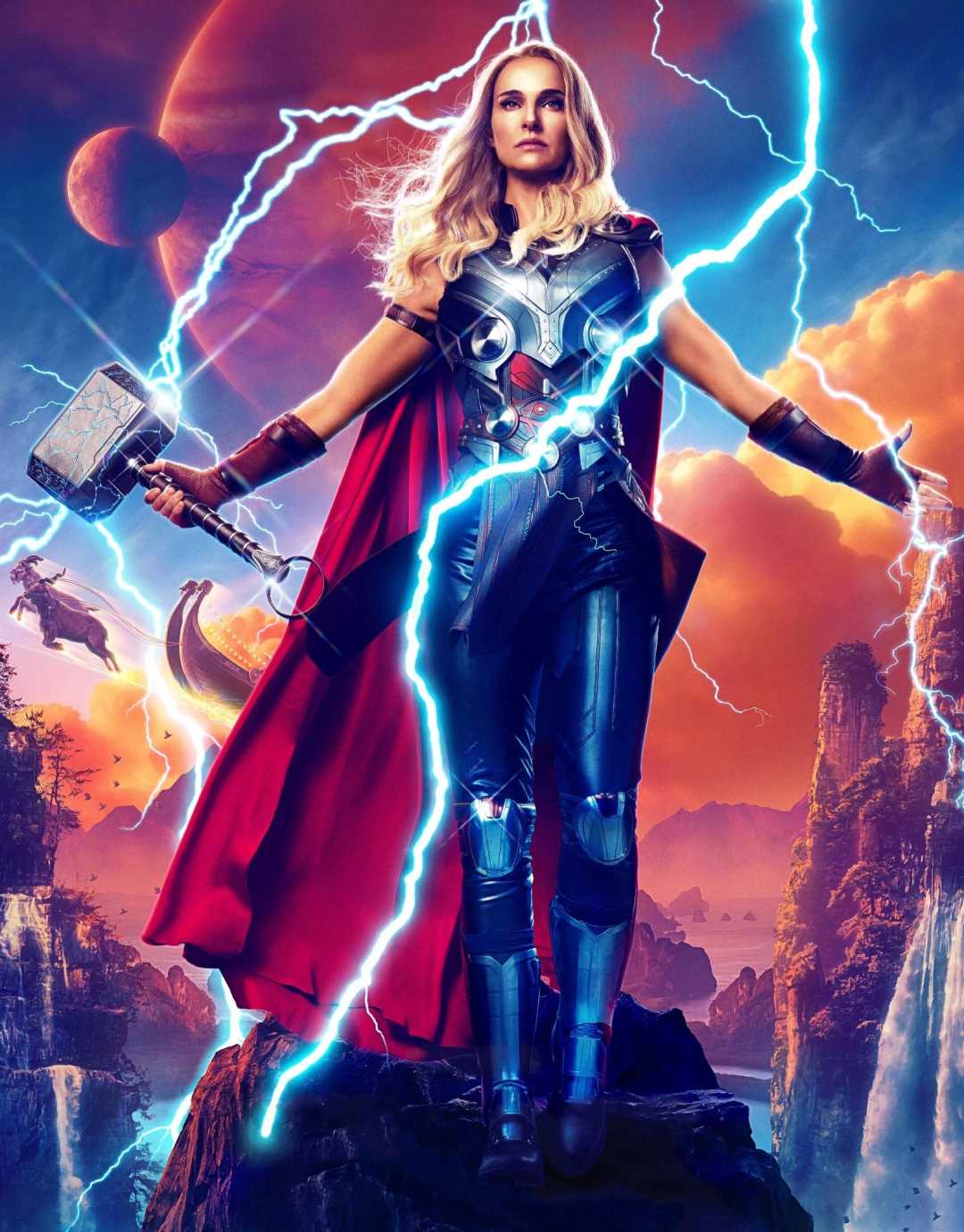 A superhero in a red cape and armor stands on a rock, holding a hammer with lightning crackling around them. The sky is dramatic with planets and mountains in the background, evoking a mythical, powerful scene.