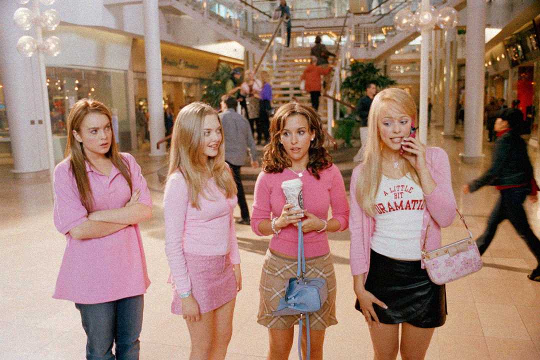 Four teenage girls stand together in a mall, all wearing pink clothing. One girl is talking on a phone, while the others look surprised or concerned. Shoppers and stores are visible in the background.