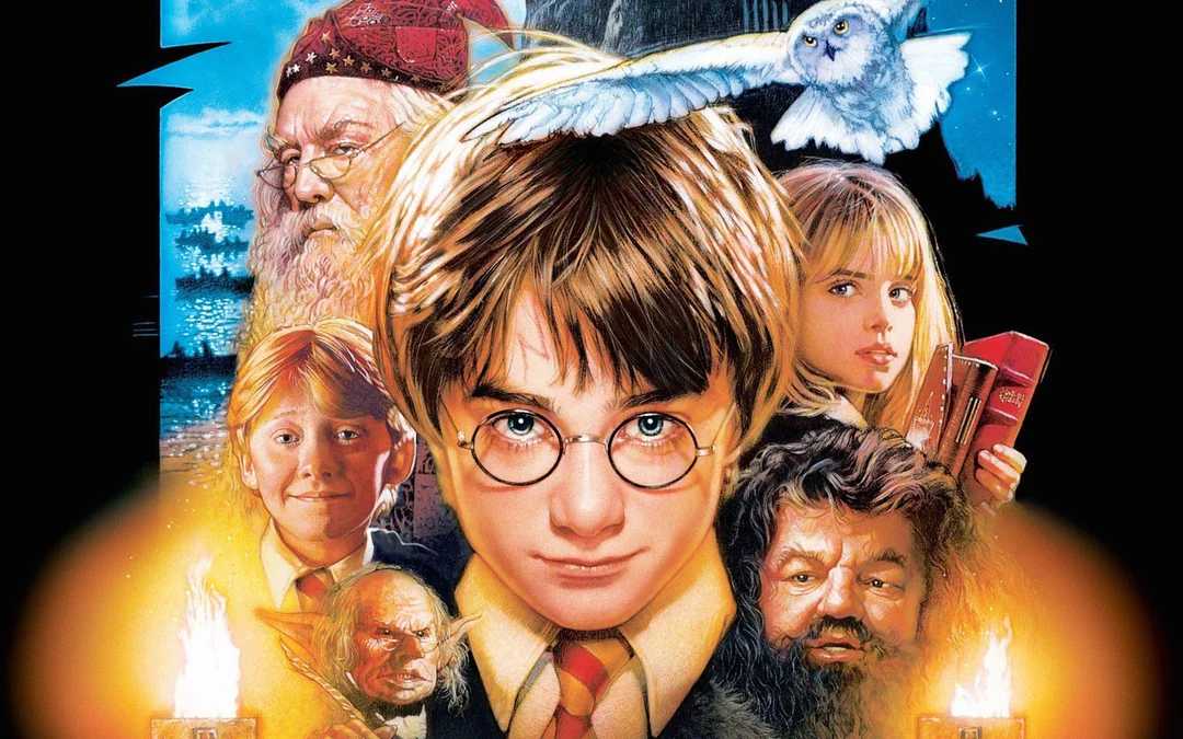 Illustration of a boy with round glasses and a lightning scar, surrounded by a white owl, an older bearded man, a girl holding books, a red-haired boy, and other magical characters, with candles in the foreground.