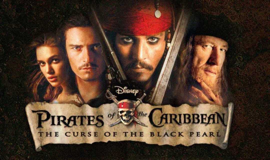 Four main characters from "Pirates of the Caribbean: The Curse of the Black Pearl" are shown above the movie title, with a skull and crossed swords logo in the center on a pirate-style banner.