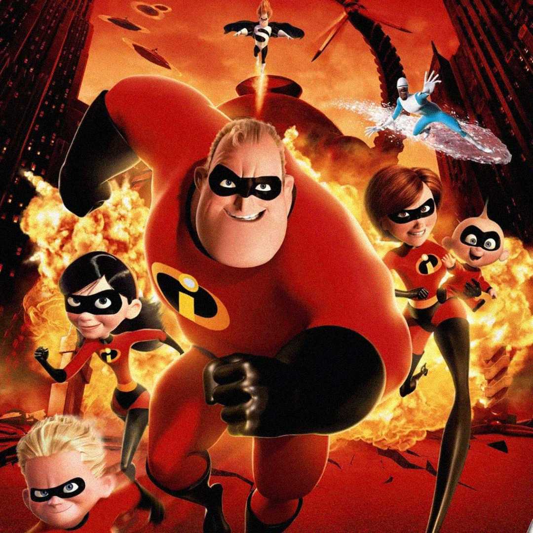 Animated superheroes in red suits with black masks run forward heroically, with flames and destruction behind them; two characters fly above using superpowers.