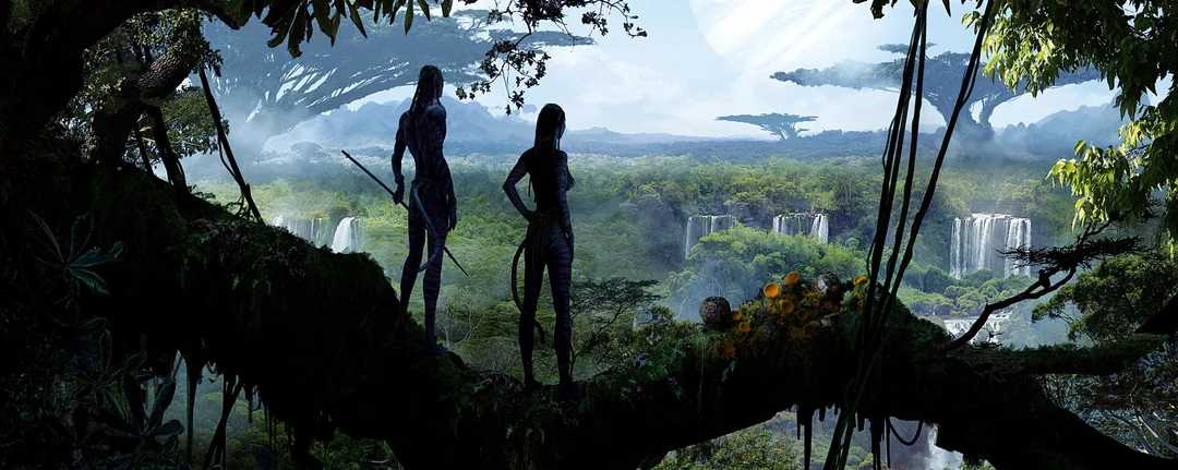 Two tall, blue-skinned humanoid figures stand on a large tree branch, overlooking a lush green jungle with waterfalls and floating mountains in the distance under a bright sky.
