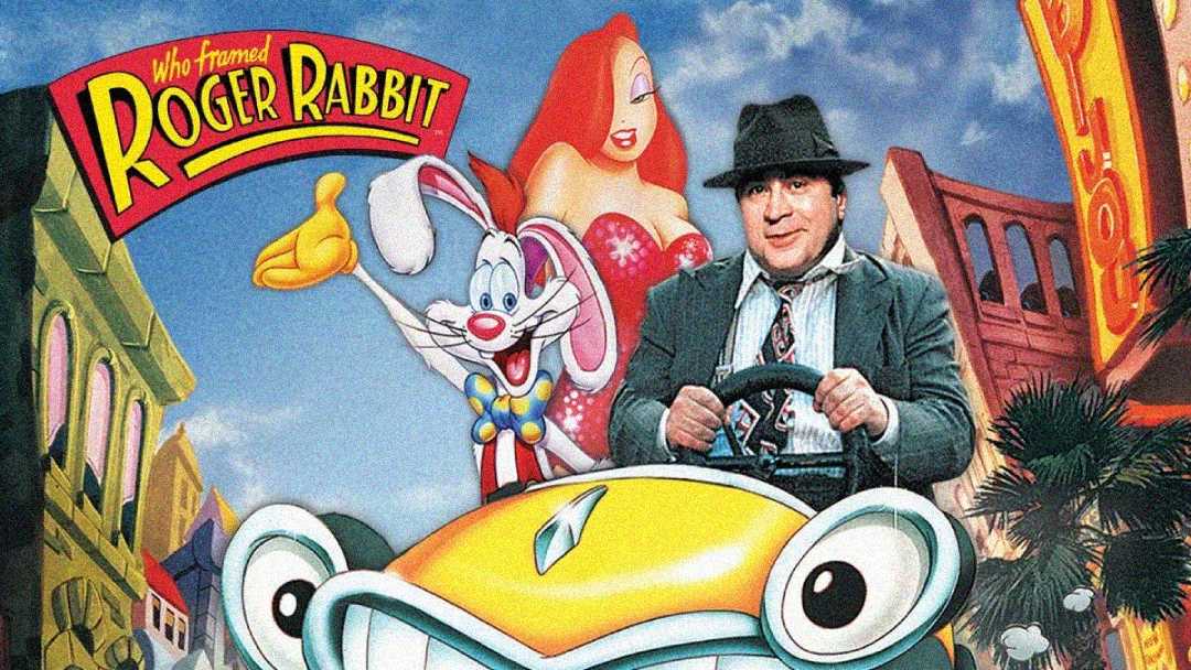 Poster for “Who Framed Roger Rabbit” showing Roger Rabbit, Jessica Rabbit, and a man in a hat driving a cartoon car, with colorful buildings in the background and the movie title at the top left.