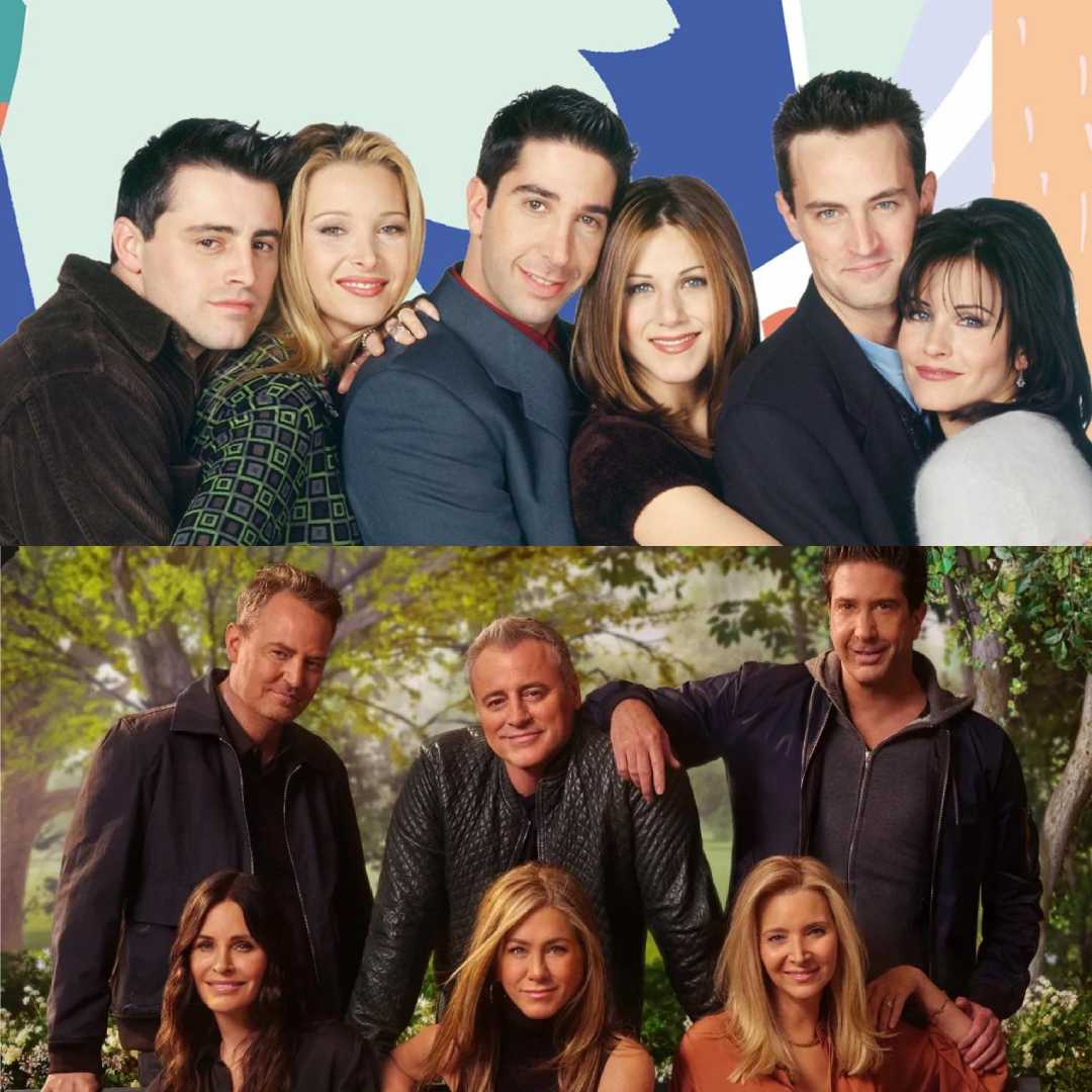 Split image showing the six main cast members of "Friends" together; on top, a younger photo from the 1990s, and on bottom, an older group photo of the same cast outdoors, years later.