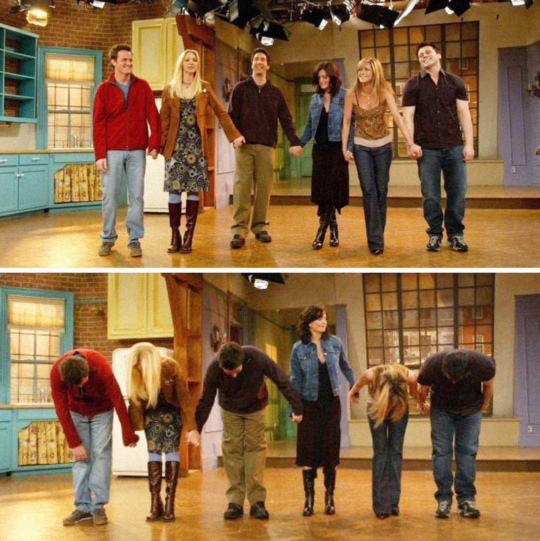 The six main cast members of "Friends" stand holding hands on the set, smiling in the first image, and bowing together in the second image, with the apartment set in the background.