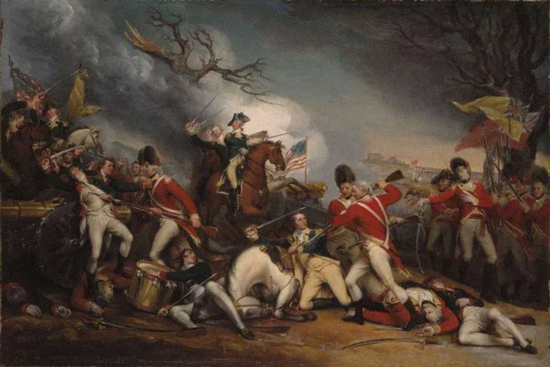 A dramatic battle scene shows soldiers in red and tan uniforms clashing, with a man on horseback at the center raising his sword. Flags wave in the background amid smoke and chaos, and wounded soldiers lie on the ground.