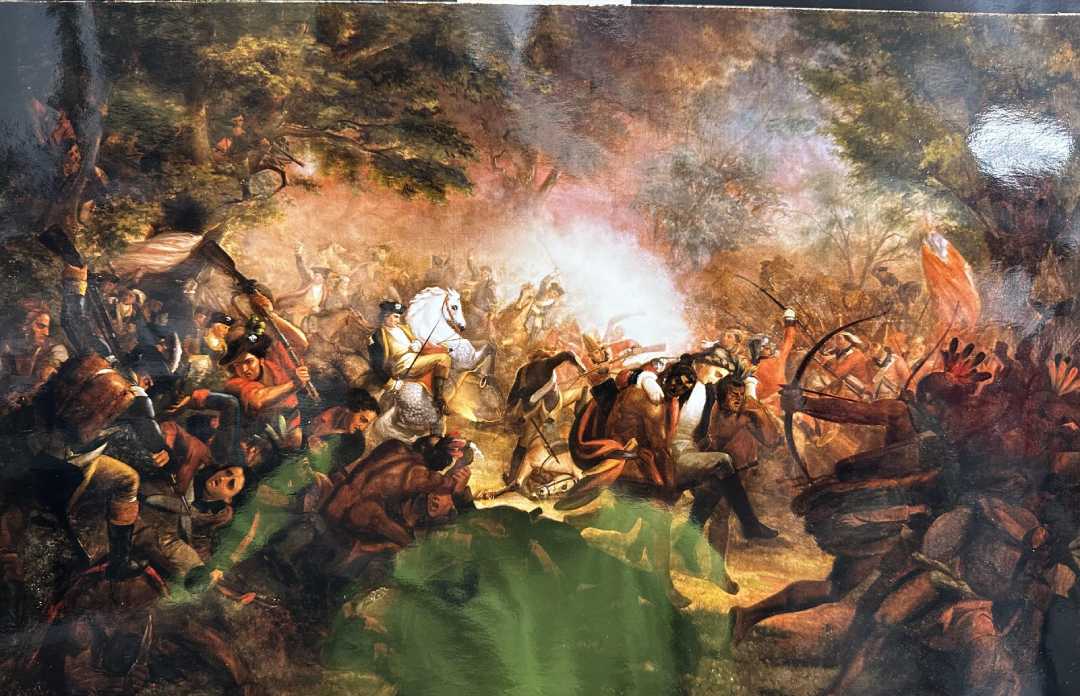 A chaotic battle scene with soldiers fighting, some on horseback and others on foot, smoke filling the air, and figures falling amid the chaos; vibrant colors and dramatic expressions convey intense conflict.