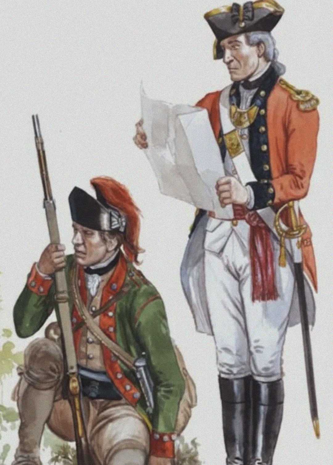 Two men in 18th-century military uniforms; one stands reading a map in a red coat, white trousers, and black boots, while the other kneels with a musket, wearing a green coat, tan pants, and a black hat with a red plume.