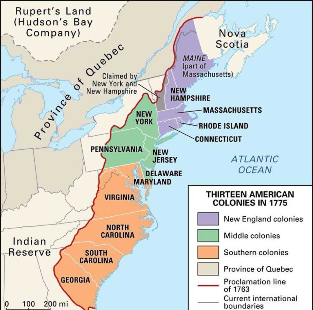 Map of the thirteen American colonies in 1775, color-coded by region (New England, Middle, and Southern colonies) with surrounding areas labeled, including the Province of Quebec, Nova Scotia, and Indian Reserve.