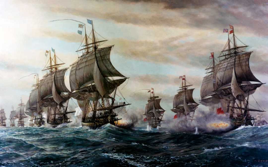 Several large sailing ships engage in a naval battle on rough seas, with smoke, cannon fire, and flags visible; stormy skies loom overhead.