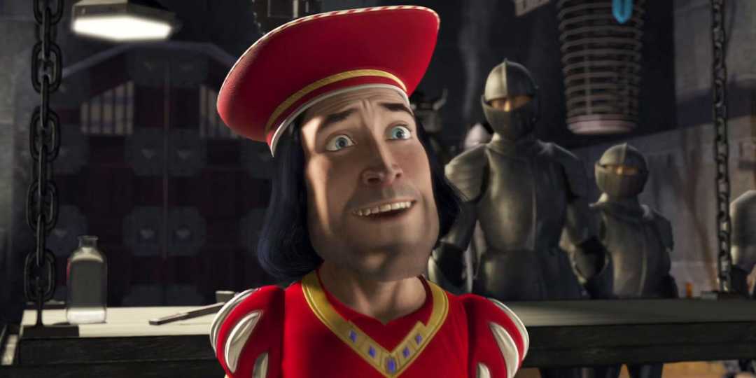 Animated character in a red and gold outfit with a matching hat stands indoors, smiling awkwardly, while two armored guards stand in the background. The setting appears medieval.