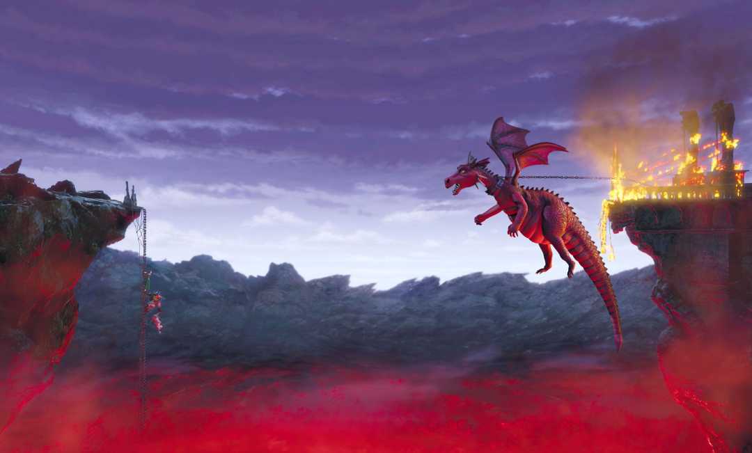 A knight climbs a chain hanging from a cliff while a red dragon with wings flies toward him; a burning castle stands on another cliff, surrounded by red mist under a cloudy purple sky.