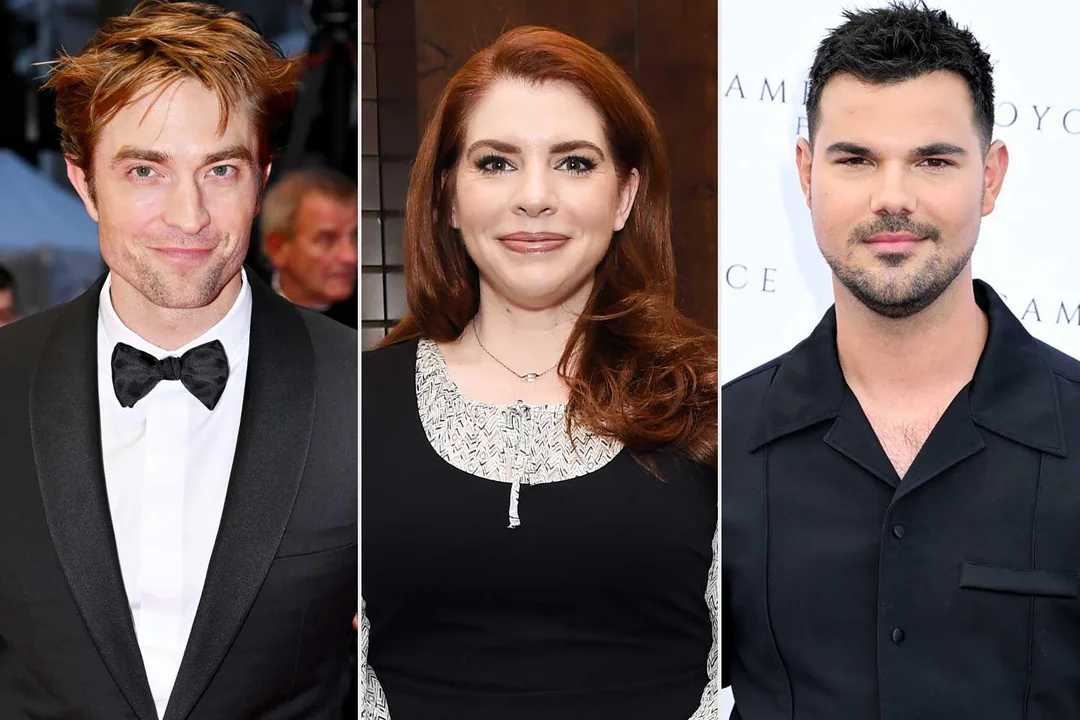 Three people posing for photos: a man in a black tuxedo, a woman with red hair in a black and white outfit, and a man with dark hair in a black shirt, each smiling at the camera against different backgrounds.
