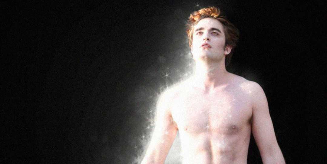 A pale, shirtless man stands against a dark background. His skin appears to sparkle and shimmer in the light, giving him an ethereal, otherworldly appearance.
