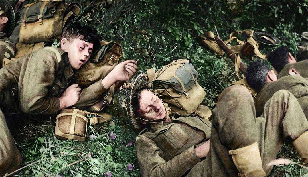 A group of young soldiers in uniform sleep on the grass with their backpacks beside them, looking exhausted. They are surrounded by greenery and wildflowers.