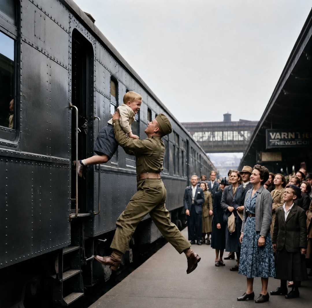 A soldier in uniform joyfully lifts a young boy out of a train window at a busy station, while a crowd of people, mostly women, watch and smile nearby.