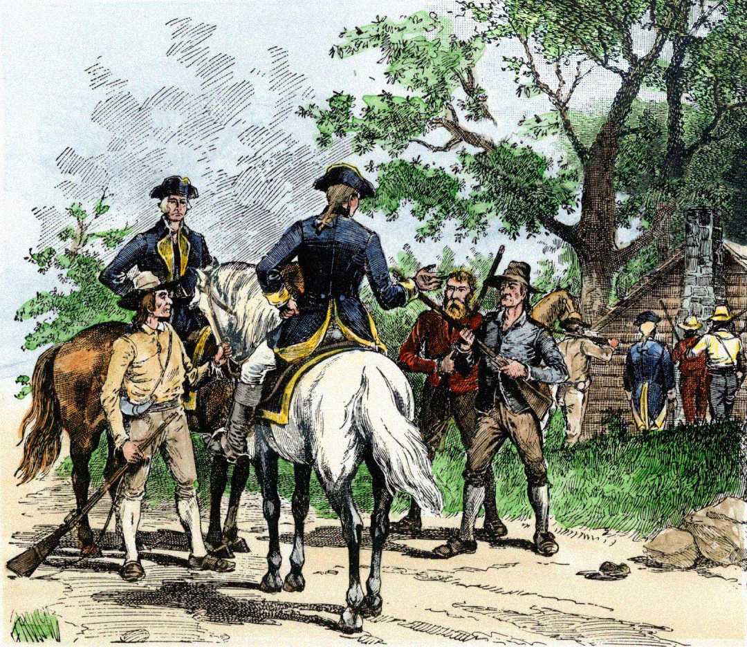 A historical illustration showing an officer on a white horse speaking to armed men, while other soldiers and civilians gather near a log cabin in a rural setting with trees.