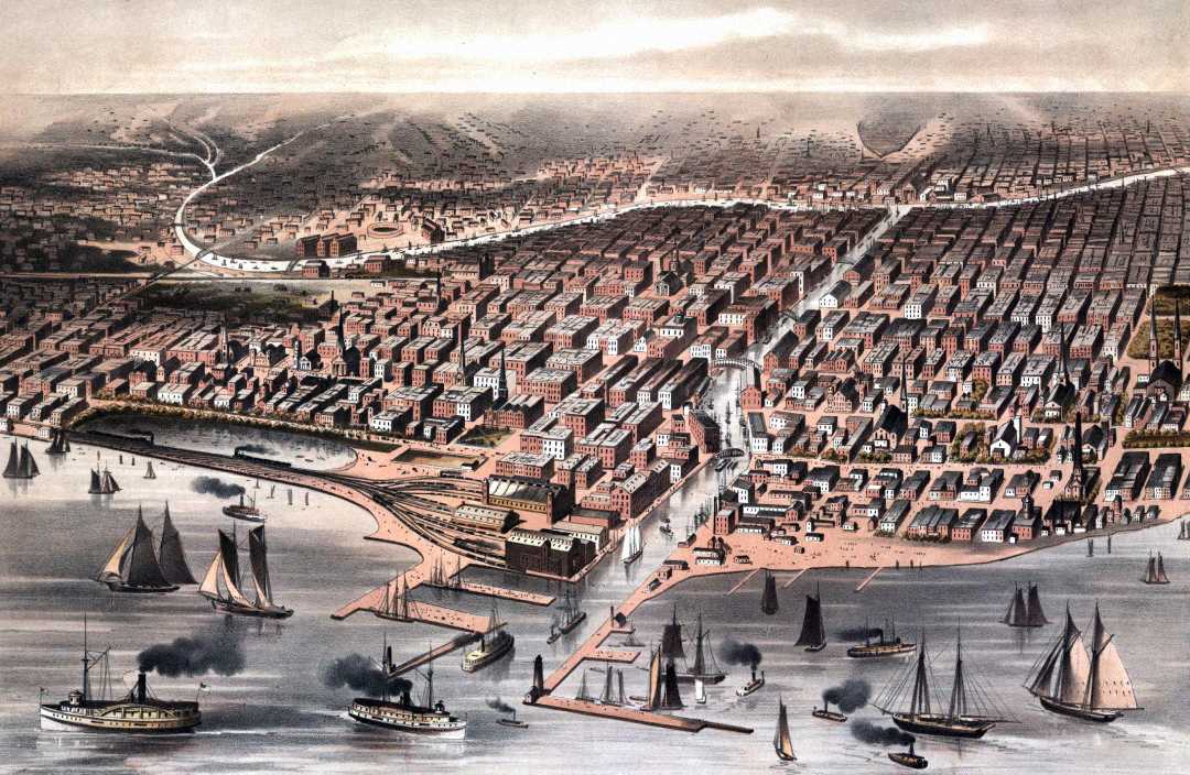 A vintage illustration of a coastal city with a busy harbor, sailing ships, and steamships. Gridded streets are lined with buildings, and rolling hills rise in the background.