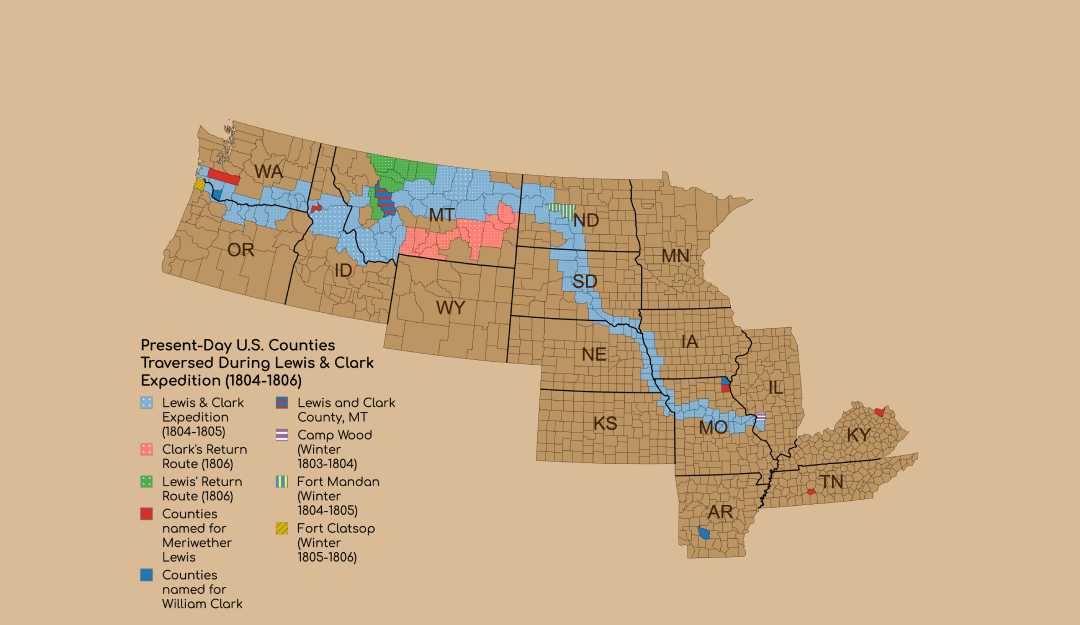 Map showing present-day U.S. counties crossed by the Lewis & Clark Expedition (1804–1806), with routes and key sites marked in blue, red, and green, plus shaded counties named for Lewis, Clark, or their expedition.