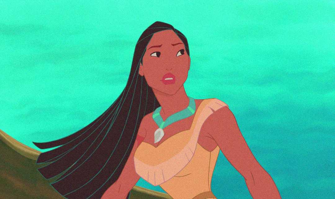 Animated character with long black hair and tan skin wearing a beige dress and turquoise necklace looks to the side with a concerned expression against a turquoise background.