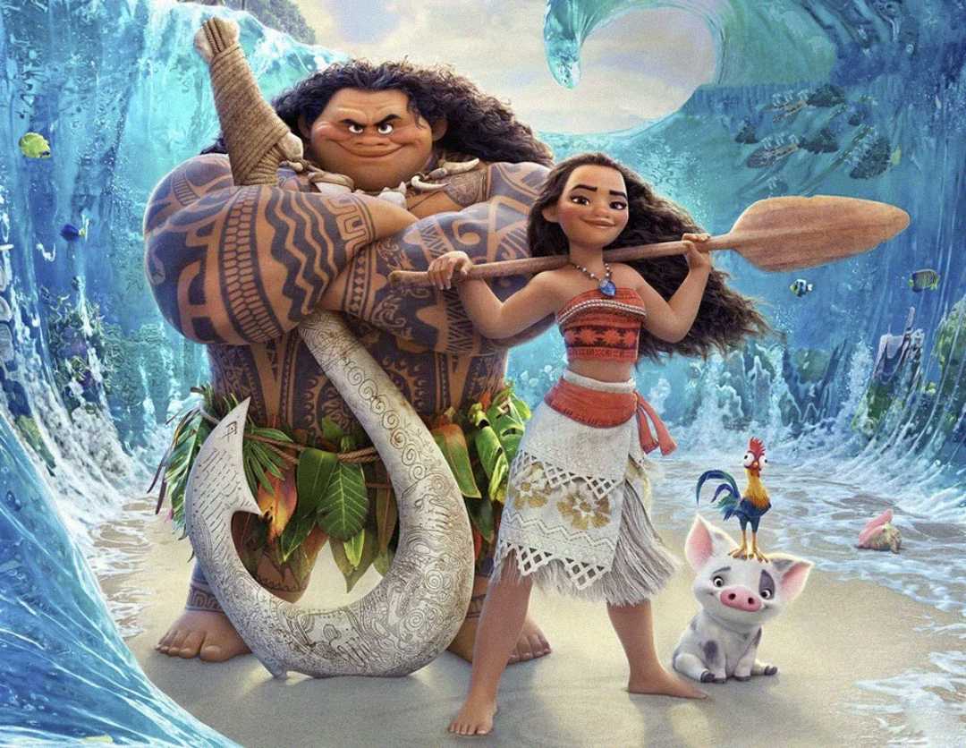 Animated characters Moana and Maui stand on a beach with waves forming around them. Moana holds a paddle, Maui wields a large fish hook. A pig and rooster stand nearby, with sea creatures visible in the water.