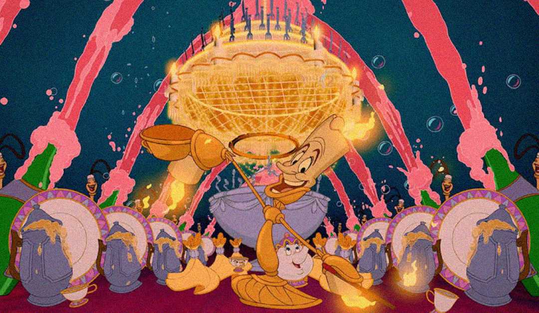 Lumière, a talking candelabra, dances atop a table set with animated plates, cups, and teapots, with bright pink fountains and a glowing chandelier in the background from Disney’s “Beauty and the Beast.”