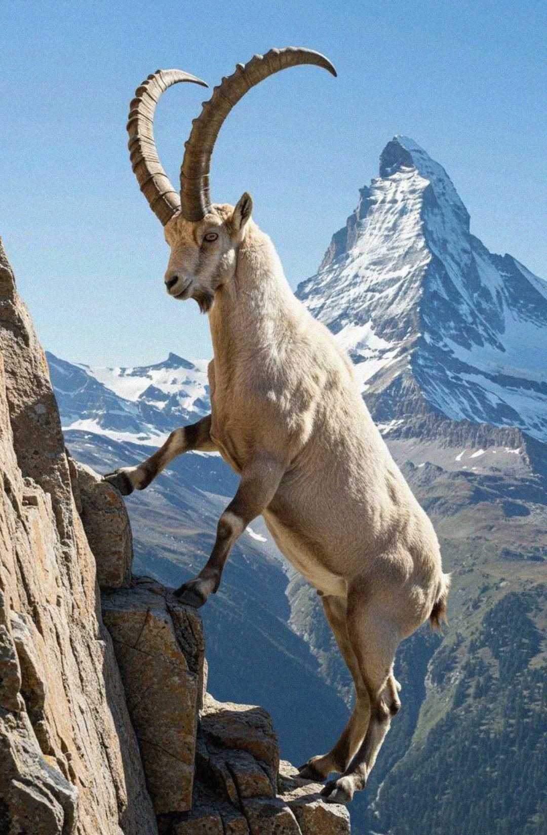 An Alpine ibex with large curved horns climbs a steep rocky cliff, with the snow-capped Matterhorn mountain visible in the background under a clear blue sky.