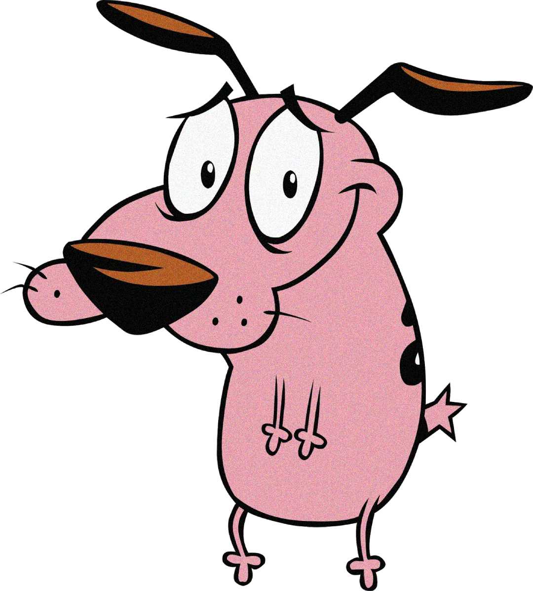A cartoon pink dog with large eyes, floppy black-tipped ears, small limbs, and a shy smile stands upright. The character has a round nose, spots on its back, and a short, pointy tail.