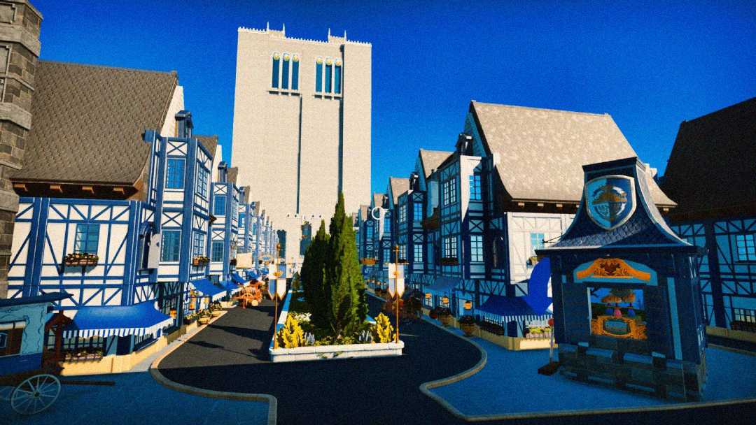 A picturesque street lined with blue-and-white Tudor-style buildings, market stalls, and greenery, with a tall, modern white tower in the background under a clear blue sky.