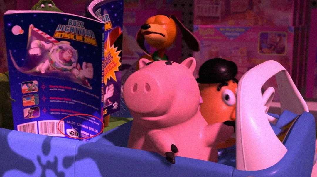 A toy piggy bank, a toy dog, and a toy potato sit in a blue toy car, while a green dinosaur reads a Buzz Lightyear comic book in the background. The scene is brightly colored and playful.
