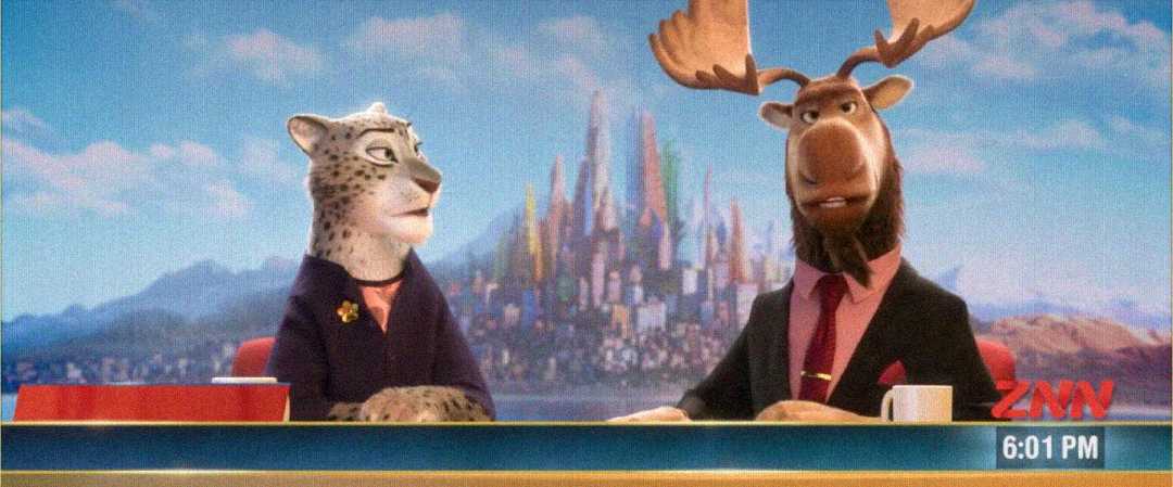 Animated snow leopard and moose, both in suits, sit at a news desk with the city in the background. The screen shows the ZNN logo and the time 6:01 PM.