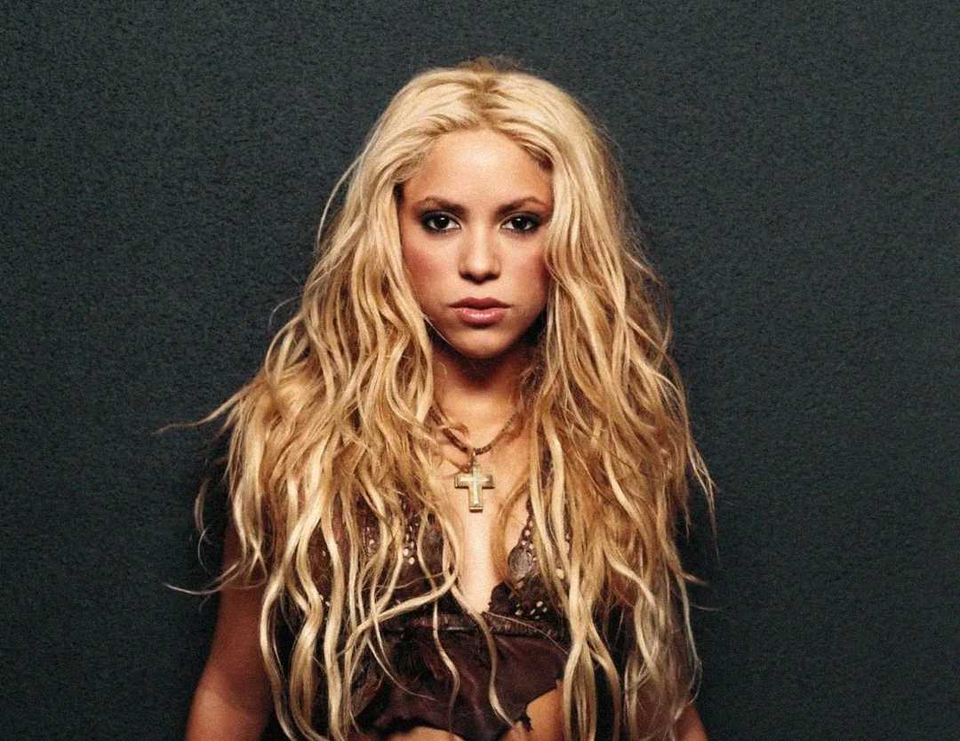 A woman with long, wavy blonde hair wearing a brown top and a cross necklace stands against a dark background, looking directly at the camera with a neutral expression.