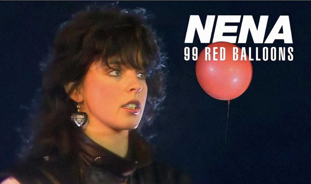 A woman with dark hair stands next to a single red balloon against a dark background. Large white text reads "NENA 99 RED BALLOONS" in the upper right corner.