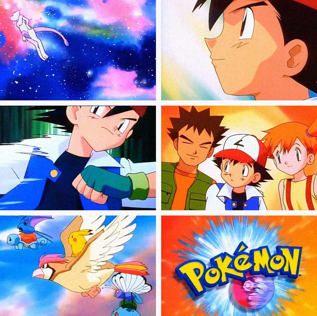 Collage of scenes from the Pokémon anime: Mew flying in space, Ash looking ahead, Ash and Brock fist bumping, Brock, Ash, and Misty smiling, Pokémon flying, and the Pokémon logo with a blue background.