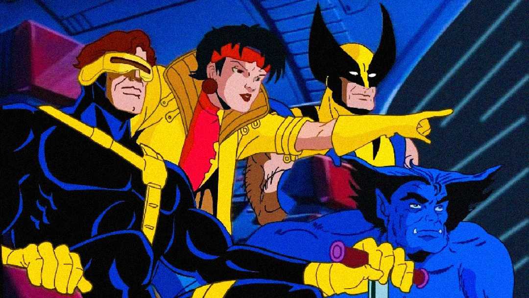 Three cartoon superheroes in colorful costumes—one in blue and yellow with a visor, another with a yellow coat and red headband, and a third with claws and a mask—stand together with a muscular blue figure in the foreground.