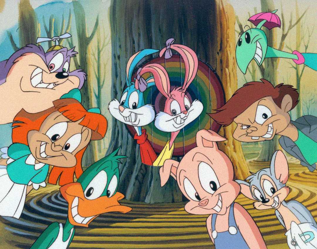 A group of colorful cartoon animal characters, including a bunny, duck, pig, cat, and others, smile and pose together in front of a large tree with a circular door in a whimsical forest background.
