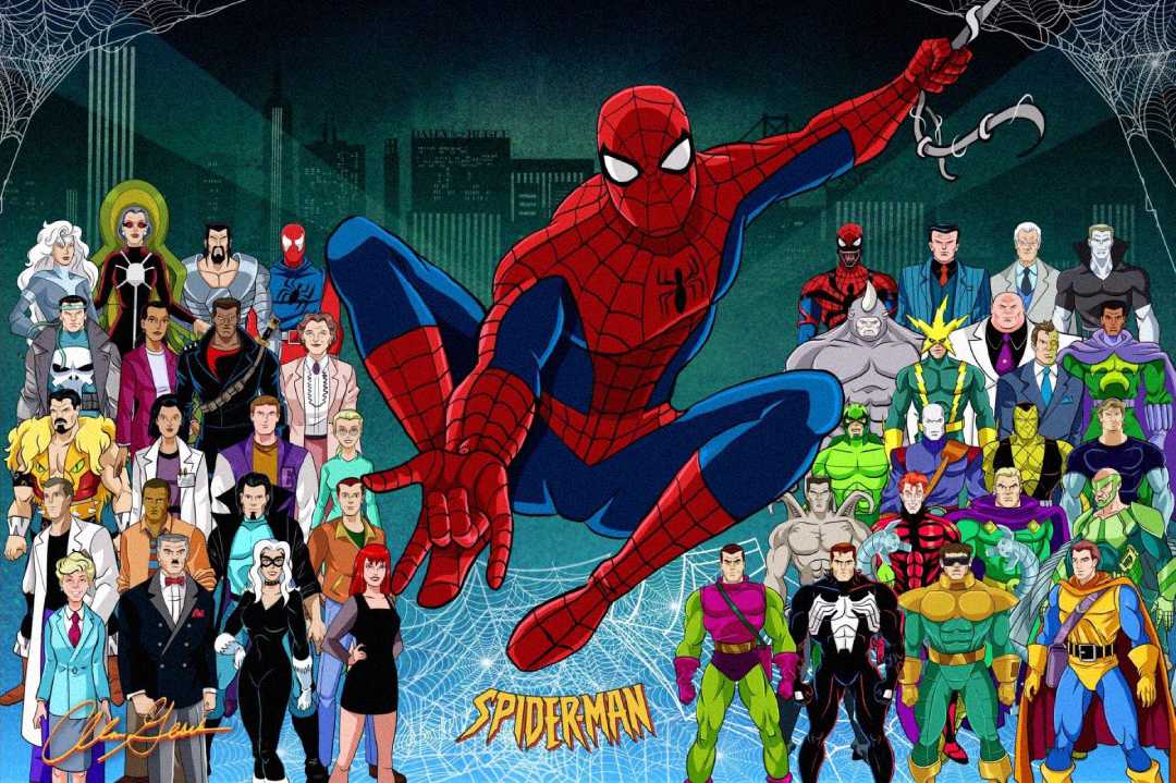 Spider-Man crouches in the center, surrounded by numerous characters from the animated series, including allies and villains, all posed against a cityscape with web patterns framing the image.