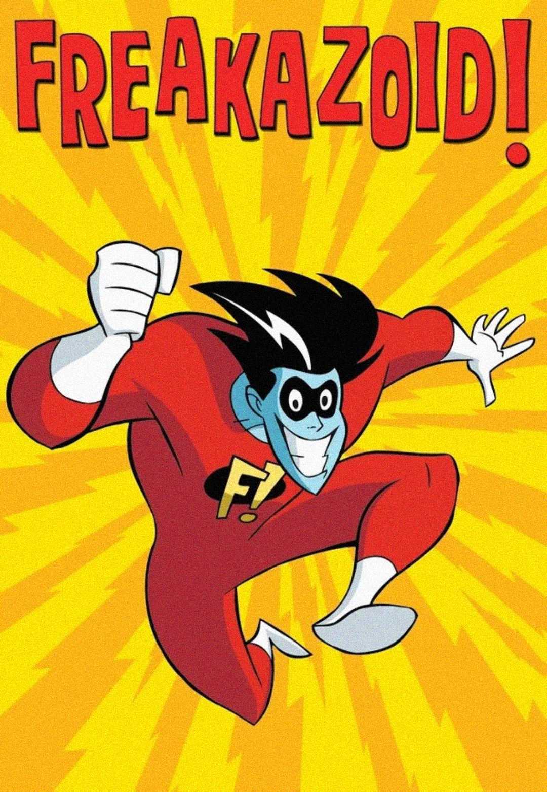 A cartoon superhero with blue skin, black hair, and a red suit with a yellow "F!" on the chest, leaps forward energetically. The background is yellow with an explosive pattern and bold "FREAKAZOID!" text at the top.