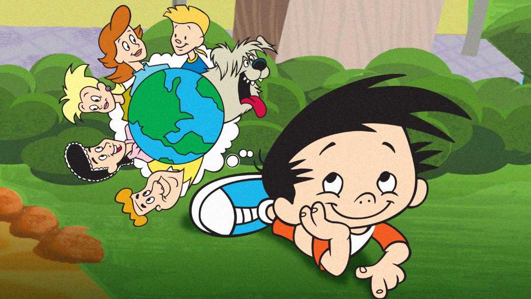 A smiling cartoon boy lies on the grass, propping up his head with one hand. Above him, a thought bubble contains the Earth, surrounded by happy cartoon characters and a playful dog. Trees and bushes are in the background.