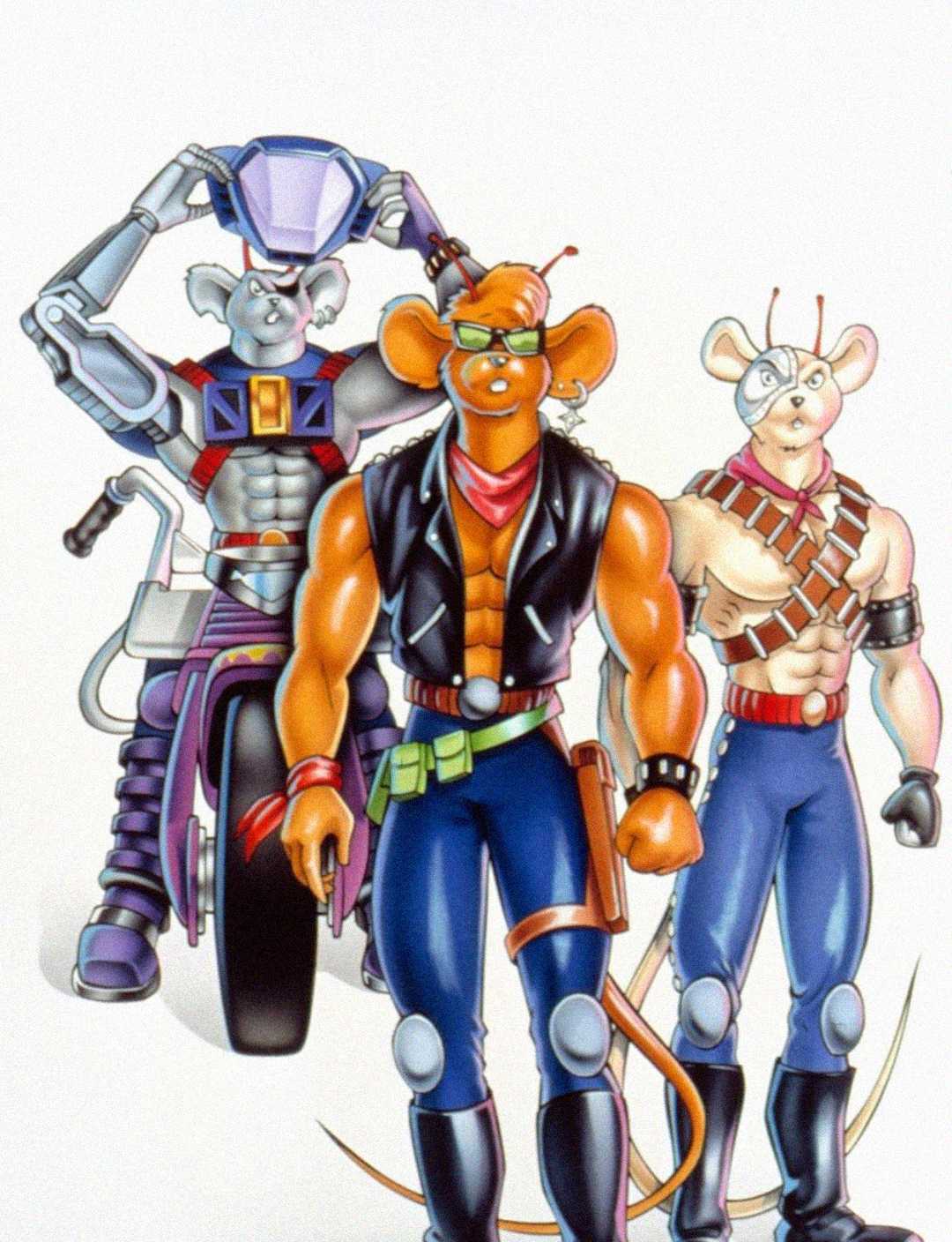 Three anthropomorphic mice dressed in biker gear stand together confidently. One mouse is on a motorcycle, while the other two stand in front, all wearing vests, jeans, and accessories.