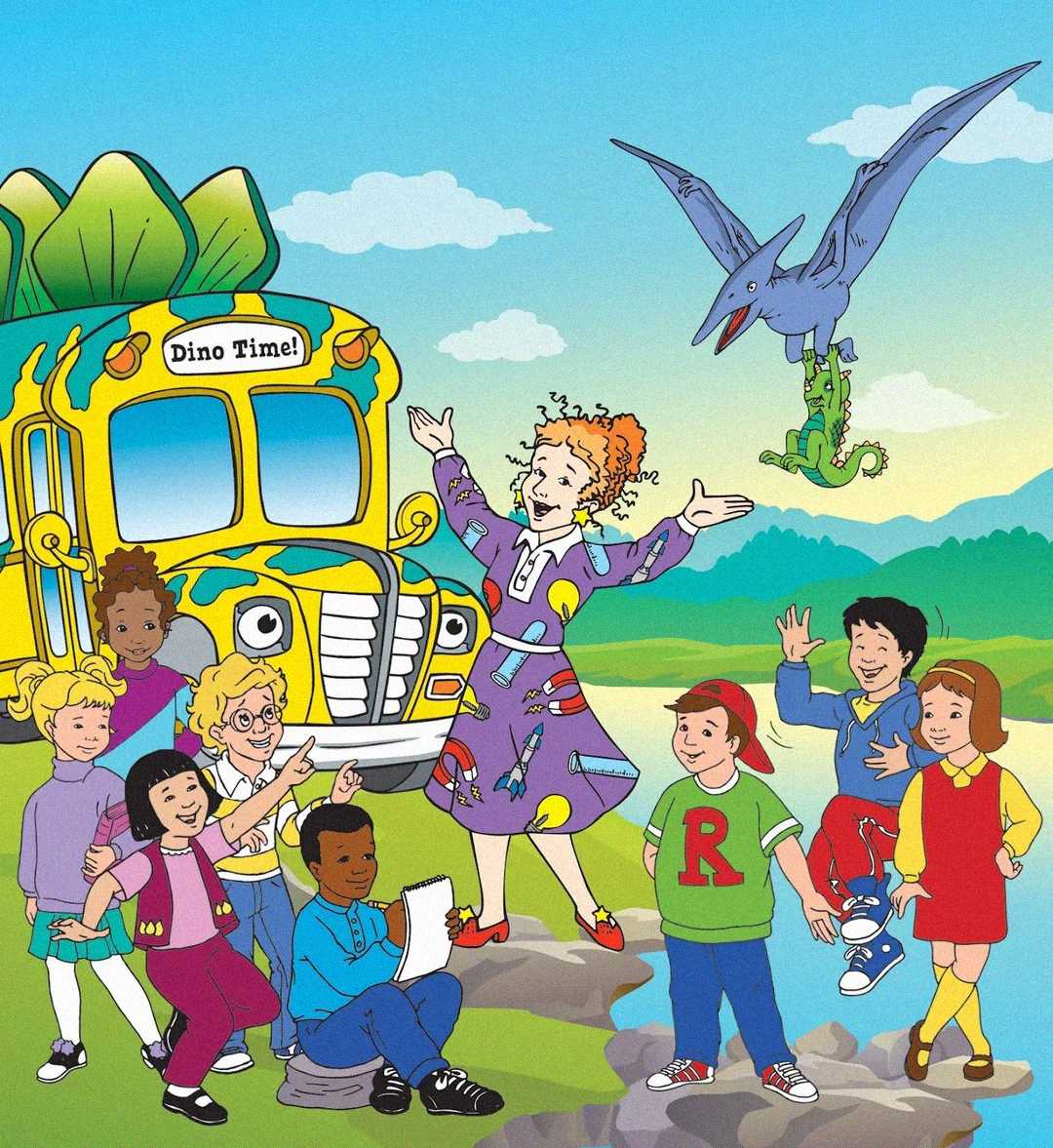 A cheerful teacher and eight diverse children stand by a colorful, dinosaur-themed school bus, smiling and waving, while a friendly pterodactyl flies above them in a vibrant outdoor setting.