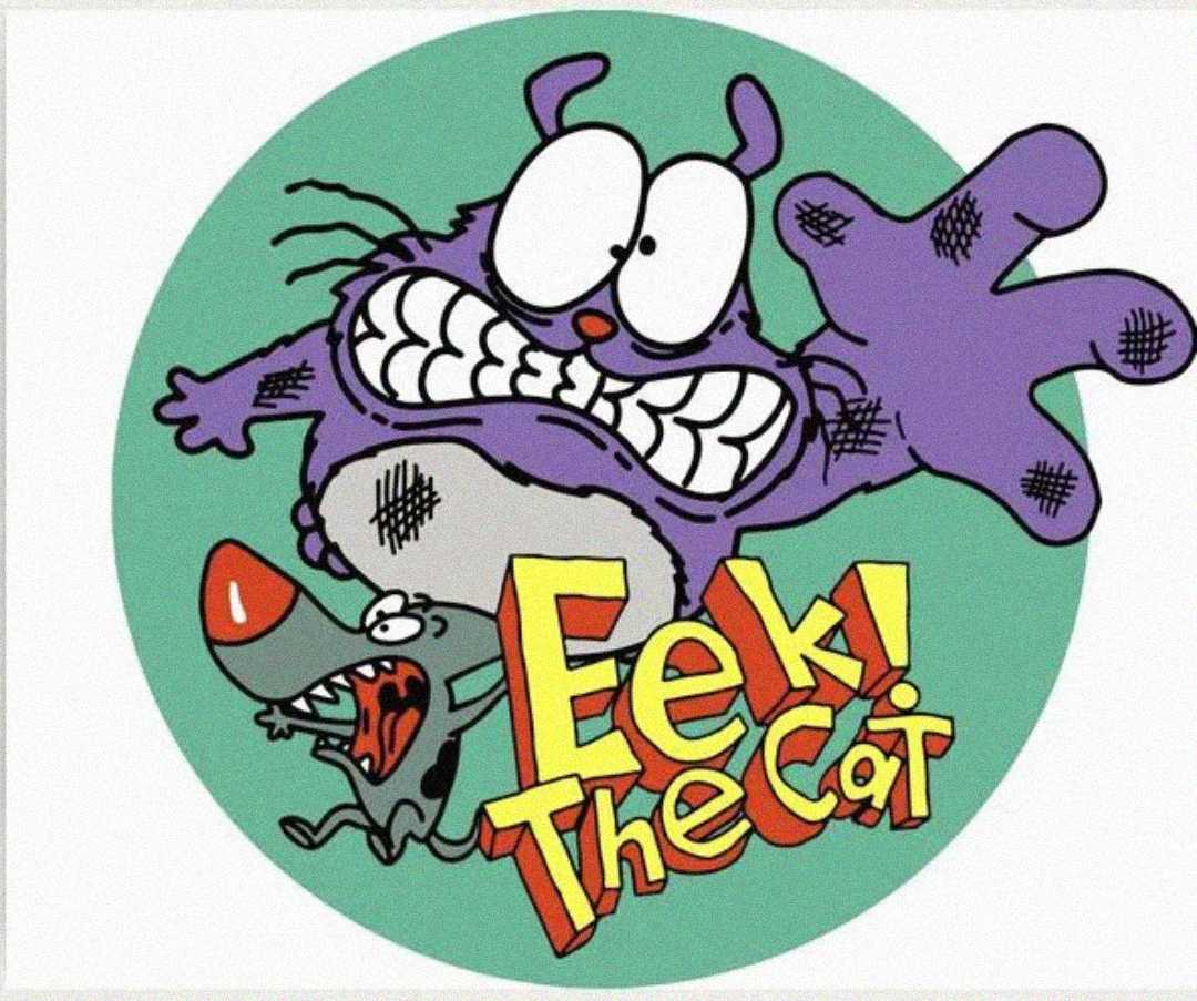 A cartoon image of a wide-eyed, purple cat with big teeth and a scared expression, reaching forward. Below, a gray, red-nosed mouse screams next to the text "Eek! The Cat" in bold yellow and orange letters.