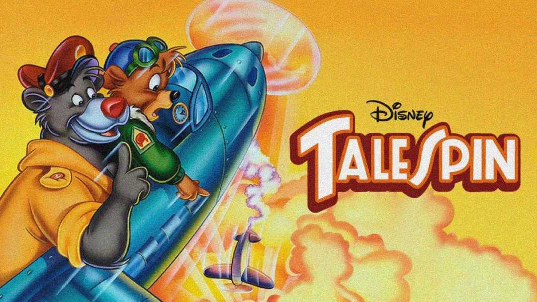 Animated image showing Baloo the bear and Kit Cloudkicker from Disney’s TaleSpin, standing beside a blue airplane with the TaleSpin logo in bold letters and orange-yellow background.