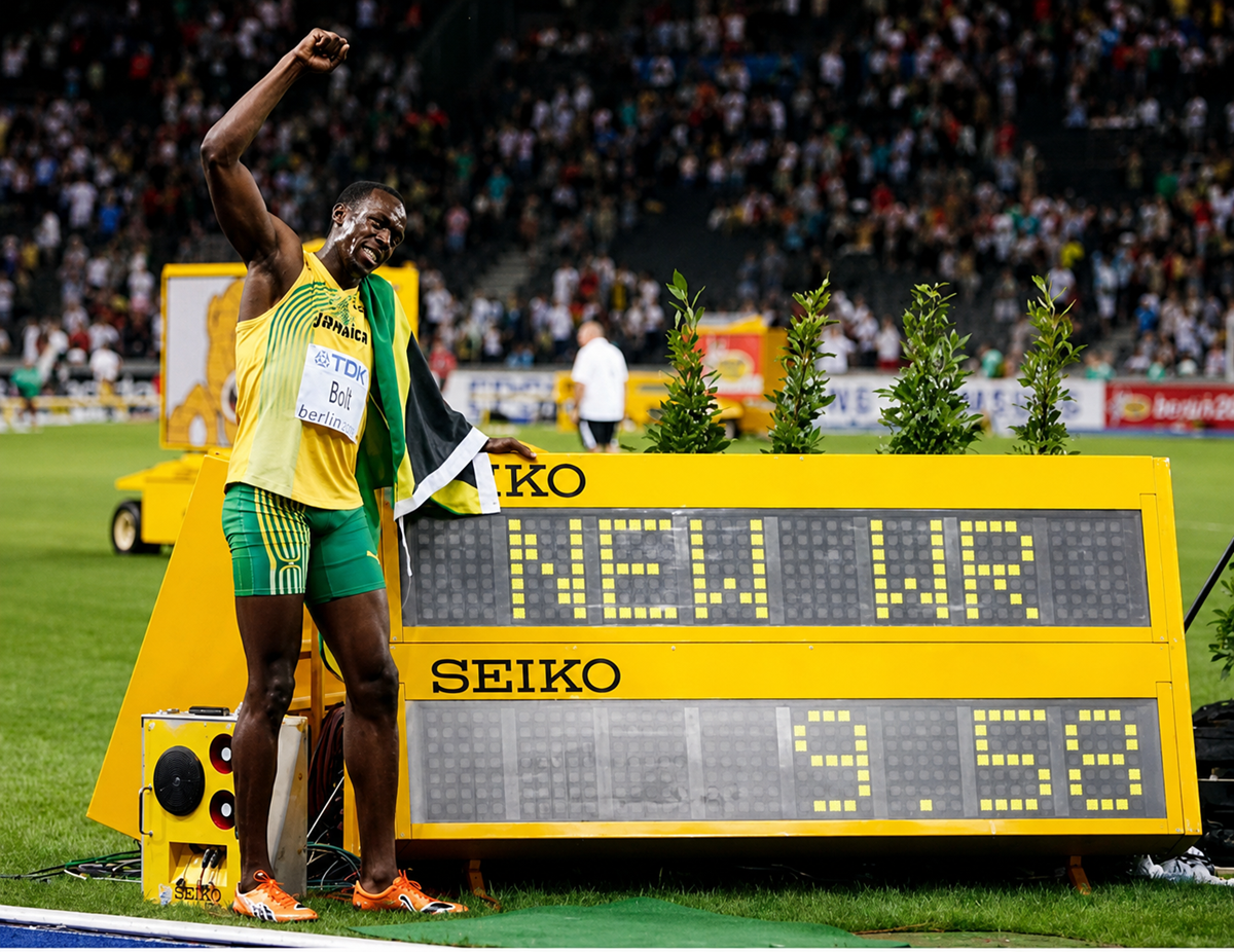 A Jamaican sprinter celebrates beside a scoreboard displaying “NEW WR” and a record time of 9.58 seconds at a stadium event, with a cheering crowd in the background. 8. Usain Bolt’s 9.58 in the 100 Meters