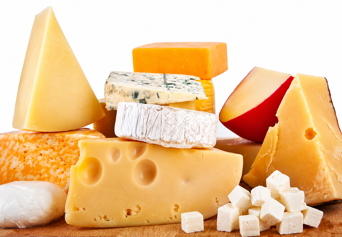 A variety of cheeses including Swiss, cheddar, brie, blue cheese, gouda, feta cubes, and others arranged on a wooden surface against a white background.